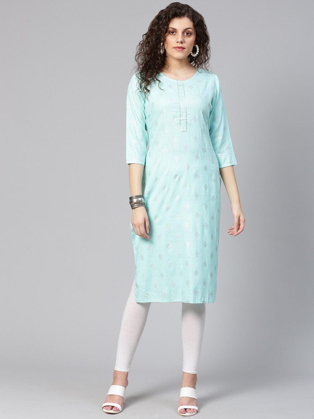 Women's Blue & Silver Printed Straight Kurta - Meeranshi - Indiakreations