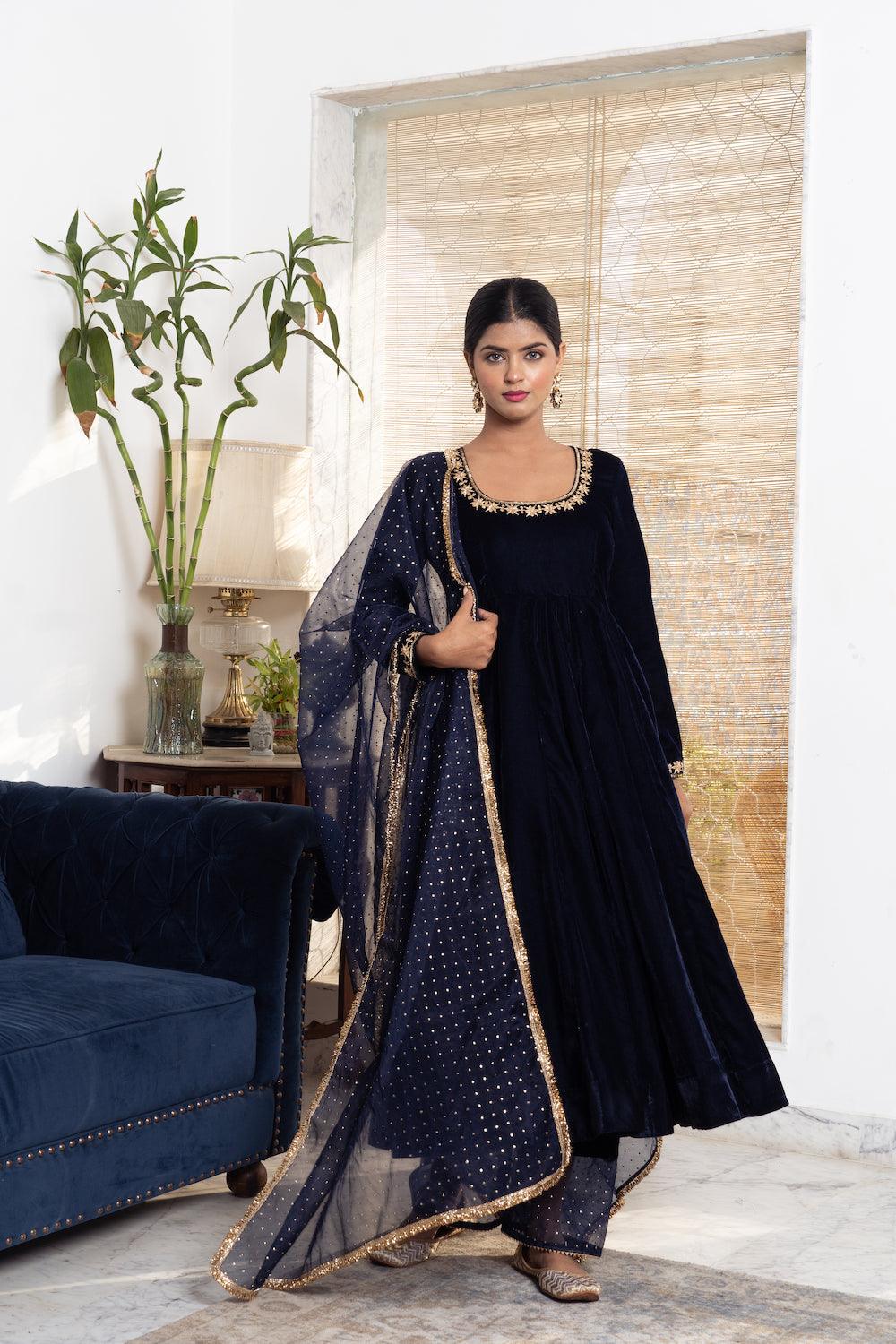 Khwabidah Navy Blue Anarkali Set of 3 - Indiakreations