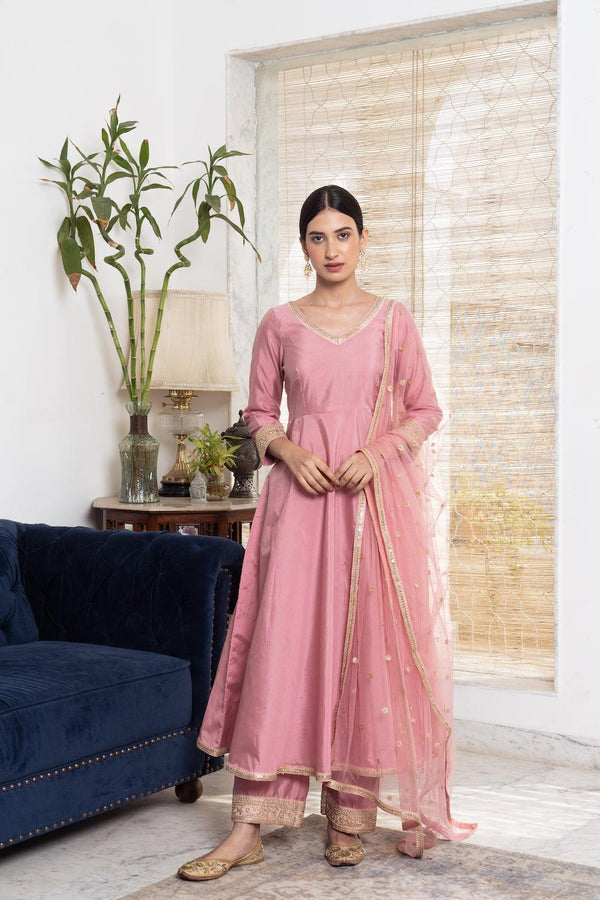 Khwabidah Baby Pink Anarkali Set of 3 - Indiakreations