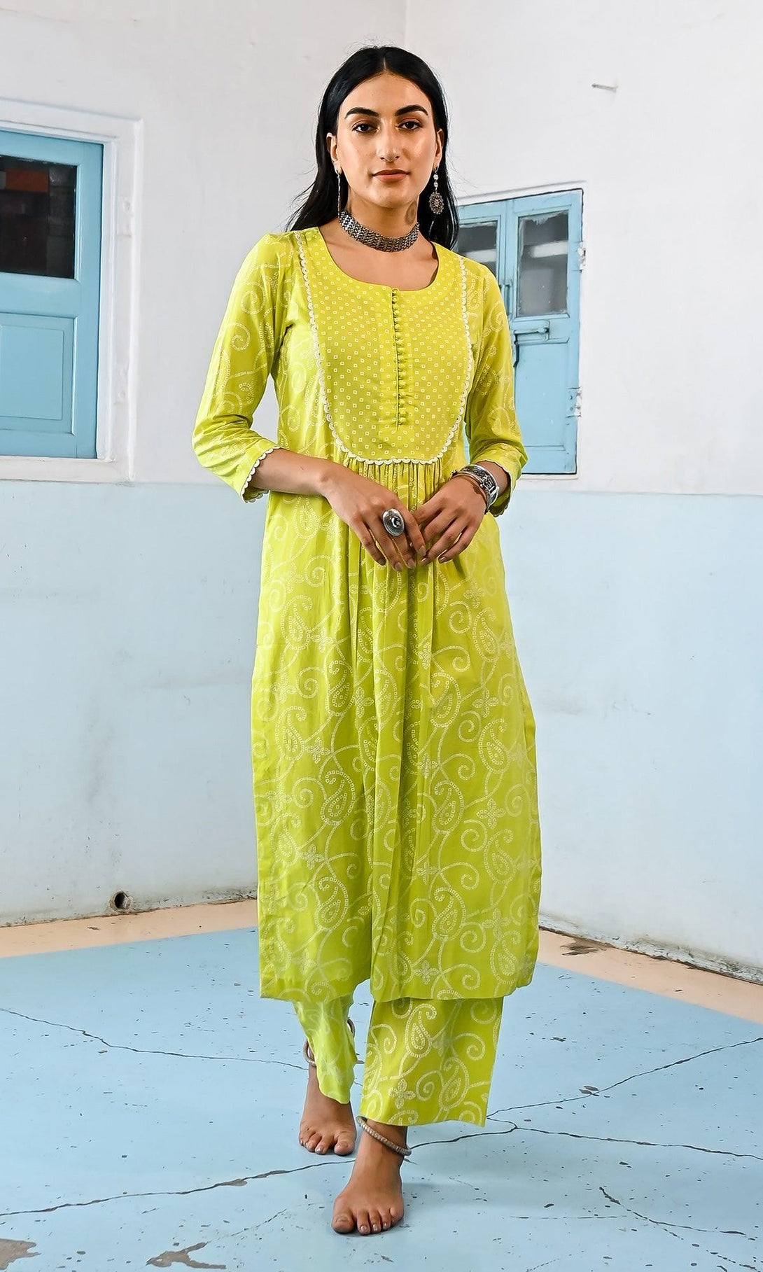 Zahrah 2.0 Neon Green yoke kurta set - set of 3 - Indiakreations