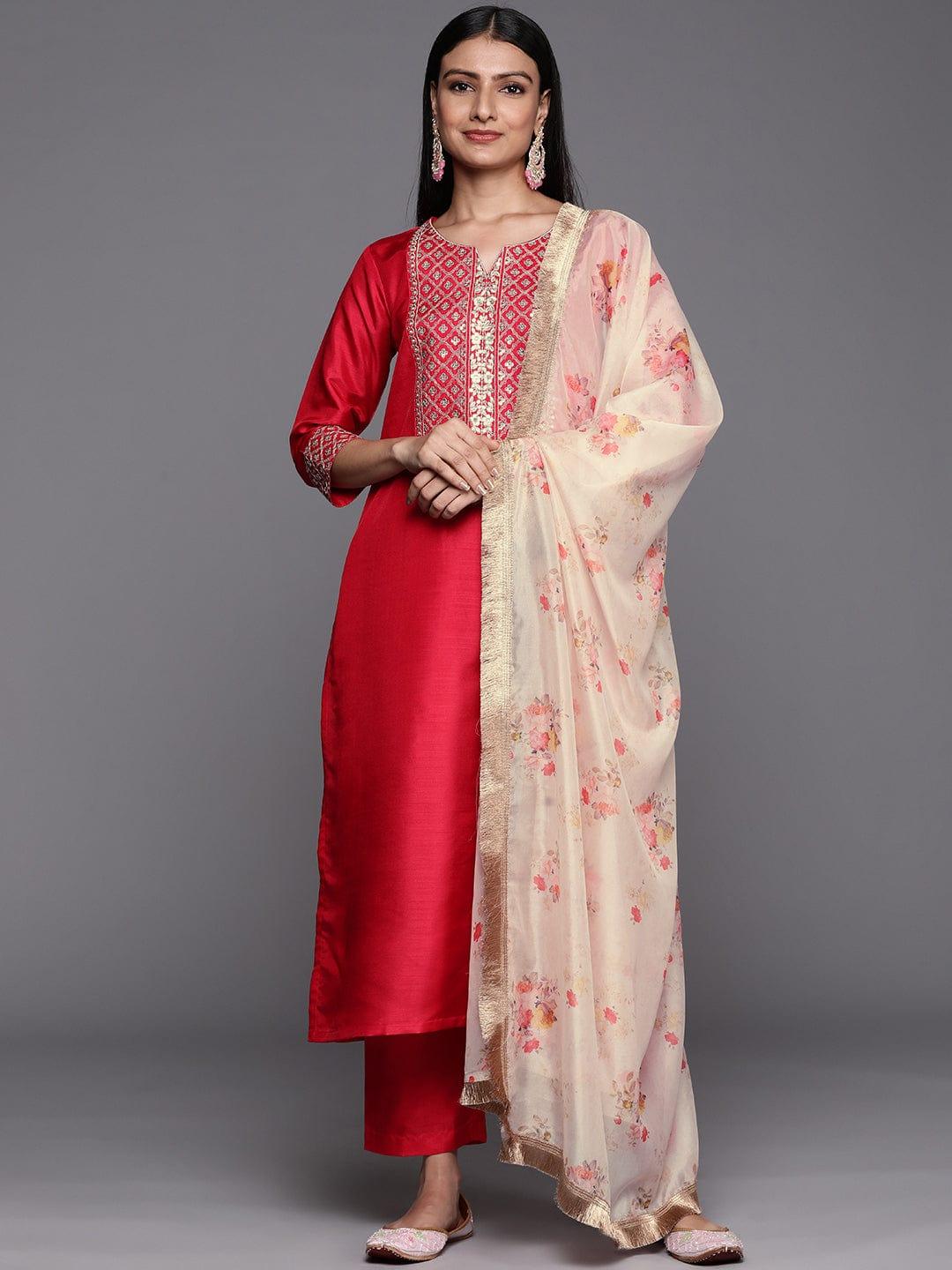 Varanga Women Pink Ethnic Motifs Embroidered Sequinned Kurta with Trousers & With Dupatta - Indiakreations