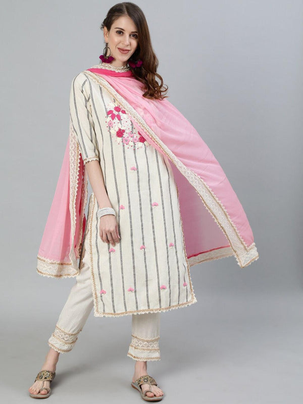 Women's Off Whte Embroidered A-Line Kurta With Trouser & Dupatta - Ishin - Indiakreations