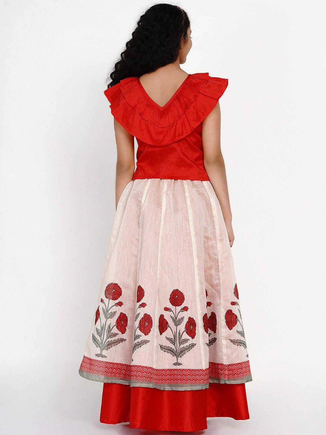 Girl's Red & Off White Block Print Ready to Wear Lehenga Choli - NOZ2TOZ KIDS - Indiakreations