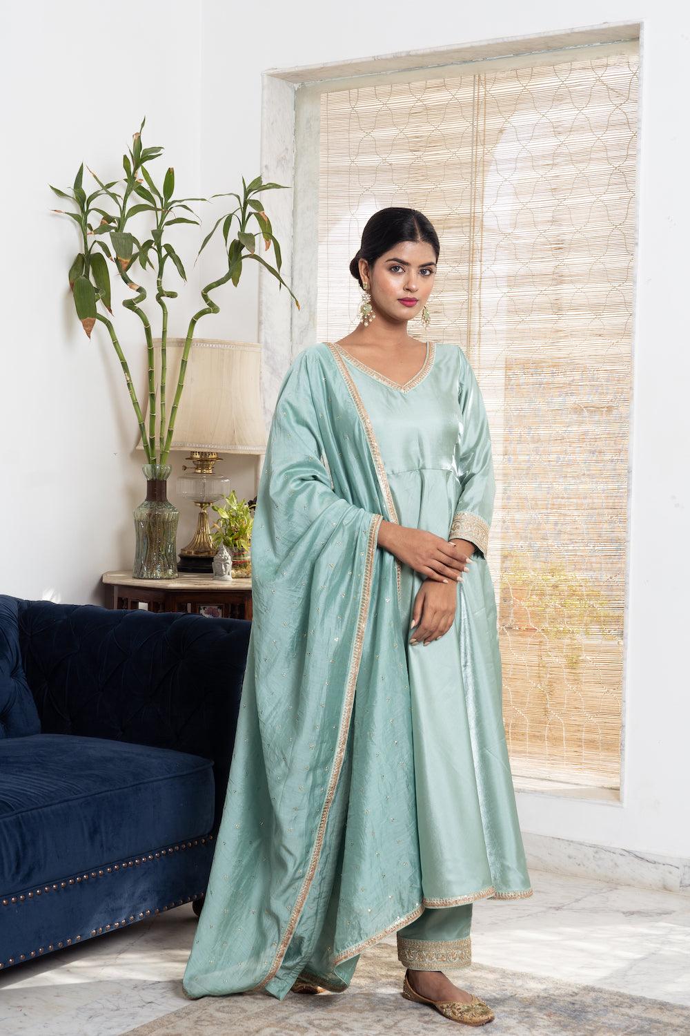 Khwabidah Pista Green Silk Anarkali Set of 3 - Indiakreations