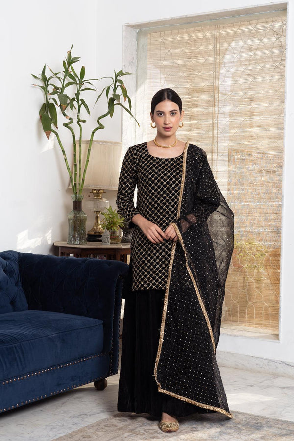 Khwabidah Black Sharara Set of 3 - Indiakreations