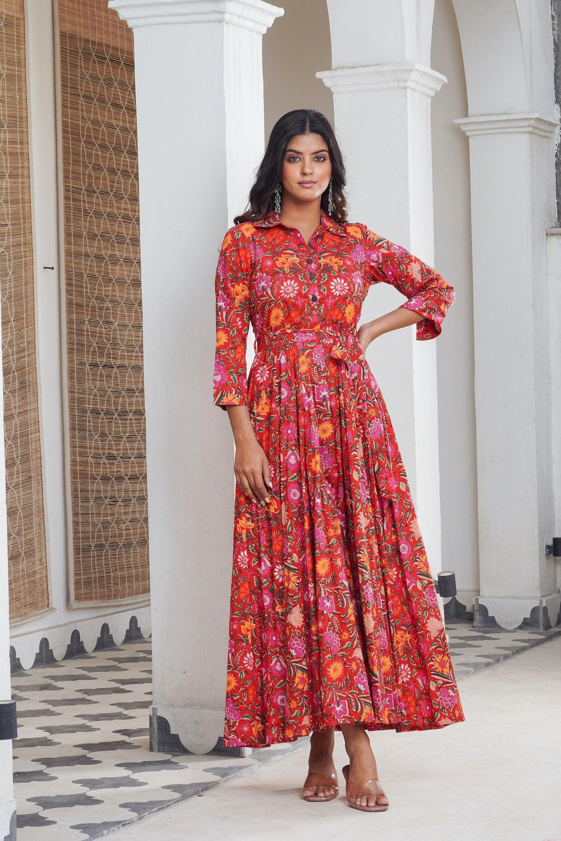 Red hand block shirt collar Maxi - Indiakreations