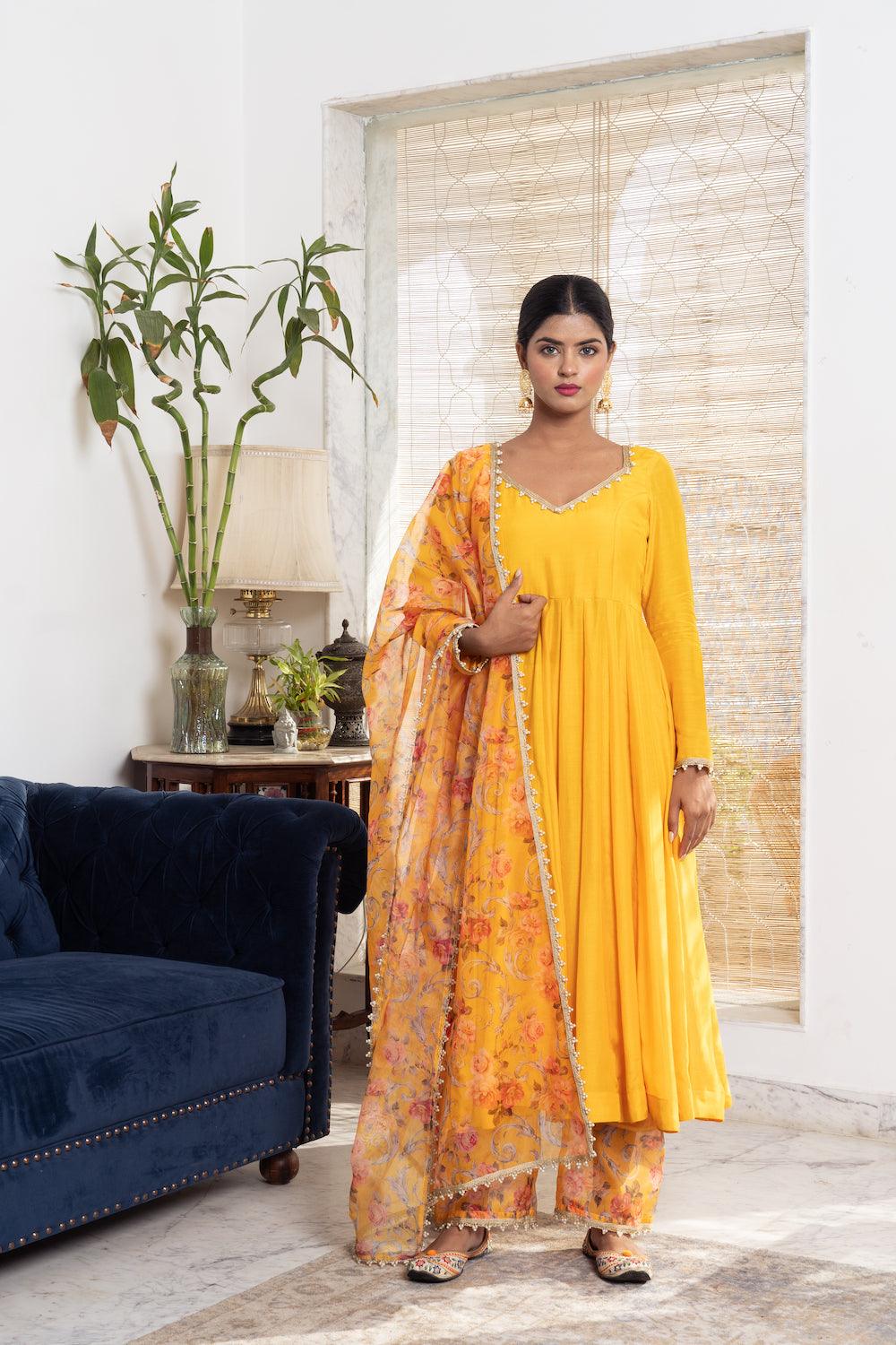 Khwabidah Yellow Anarkali with floral dupatta Set of 3 - Indiakreations