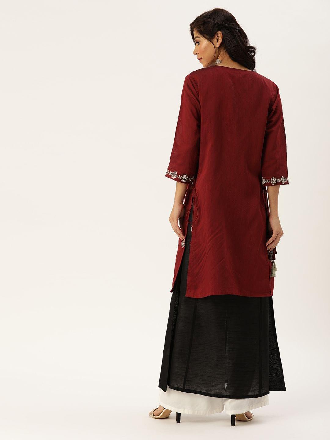 Women Black Solid A-Line Kurta With Maroon Jacket - Indiakreations