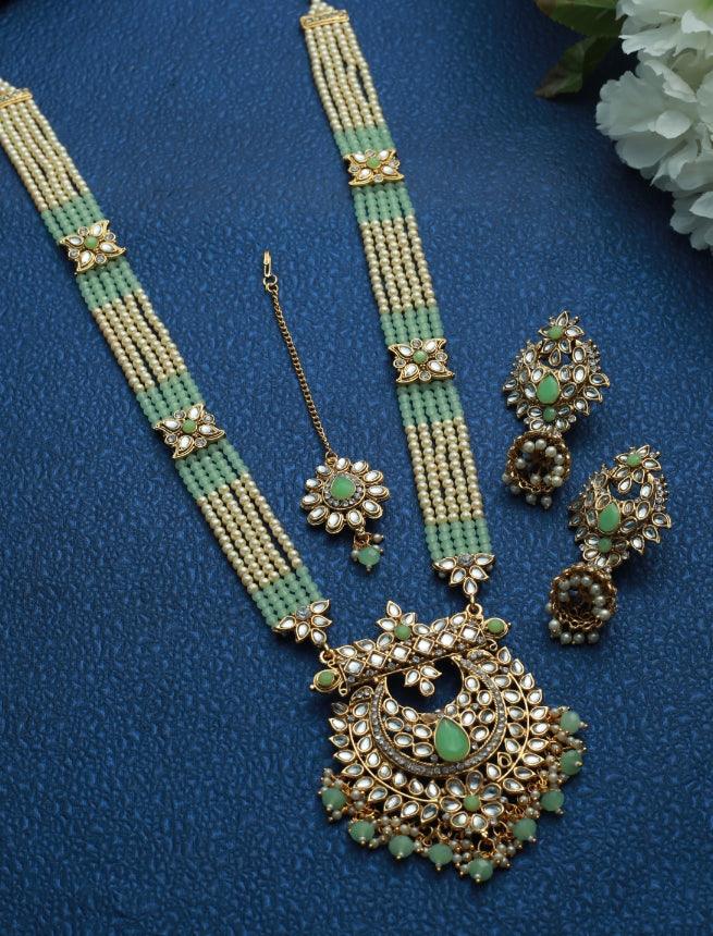 Women's Mint Green Coloured Gold-Plated Kundan-Studded & Beaded Handcrafted Jewellery Set - Jazz And Sizzle - Indiakreations