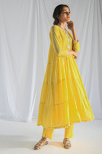 Chhaya Yellow Dot Printed Anarkali with Pant - Set 2 - Indiakreations