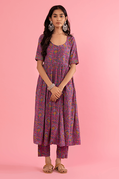 Kapaas (Blockprinted cottons) Fuchsia Pink Floral Hand Block Printed Anarkali with printed Pants and Fuchsia Pink Printed Dupatta - Set of 3 - Indiakreations