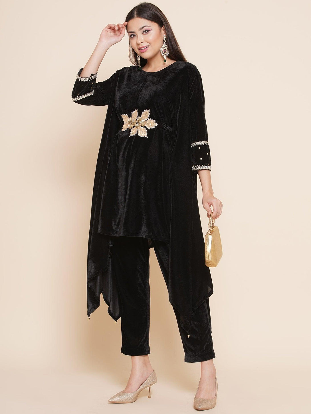 Women's Black Velvet Kaftaan Style Kurta With Pants - Women Republic - Indiakreations