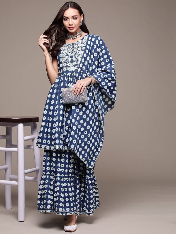 Women's Indigo Blue Zari Embroidered Printed Kurta Set With Sharara And Dupatta - Anubhutee