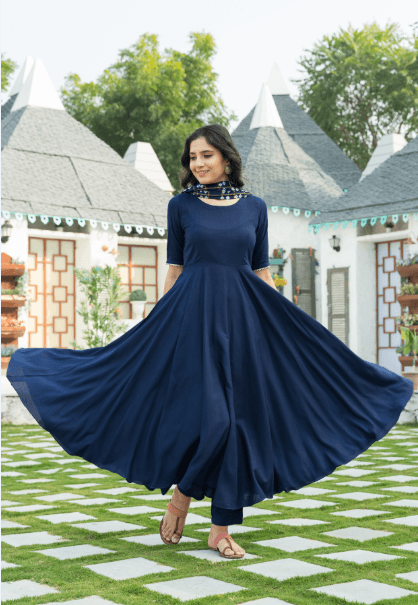 Women's Midnight Blue Kurta Set with Bandej Dupatta - Indiakreations