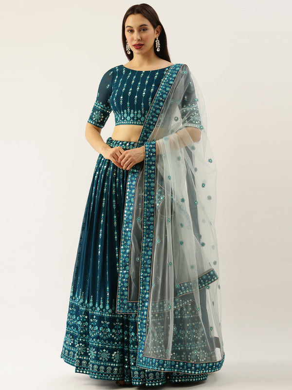 Women's Teal Georgette Sequince Work Lehenga & Blouse With Dupatta - Panchhi