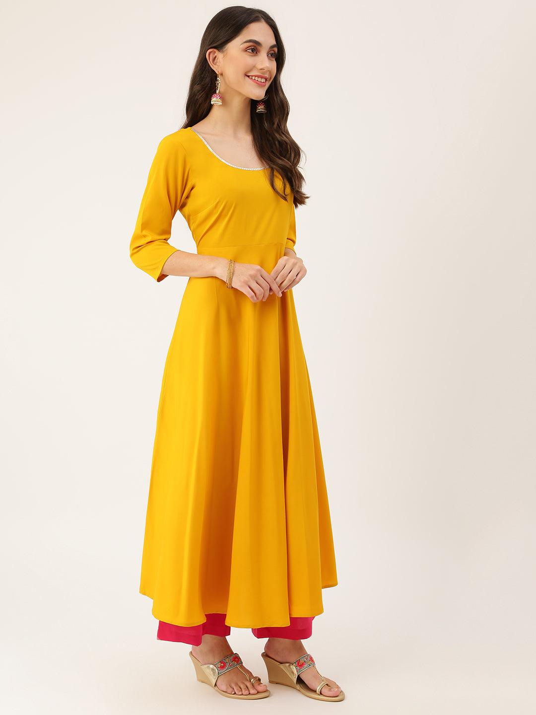 Women's Mustard solid kurta with floral print dupatta.Kurta has round neck - The Fab Factory - Indiakreations