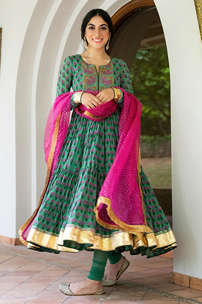 Kalista Green Gathered Floral Anarkali with Chooridar and Dupatta- Set of 3