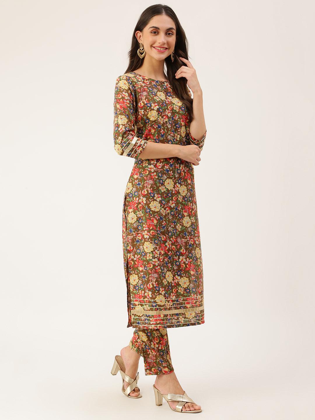 Women's MULTICOLOUR A-line kurta set with pant. print duptta has a key hole neck line and beautiful gota lace detail - The Fab Factory - Indiakreations