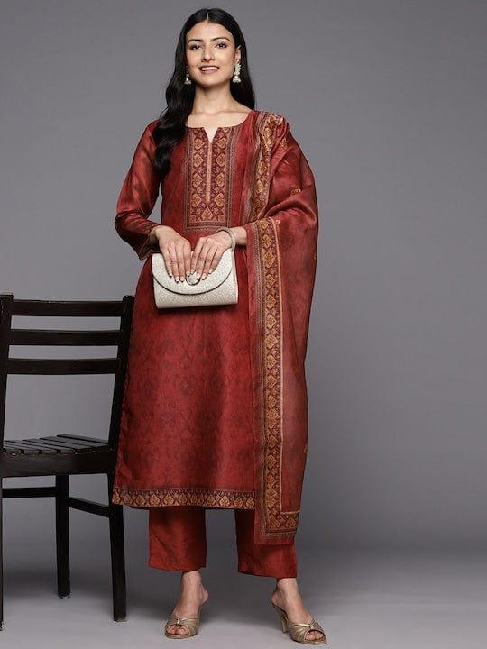 Varanga Ethnic Motifs Printed Chanderi Silk Kurta With Trousers & With Dupatta - Indiakreations