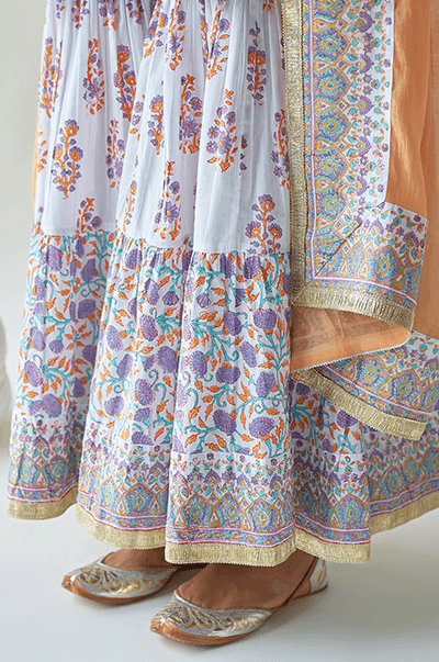 Chaand Lilac Kurta with jaal & booti block printed sharara and Dupatta- Set of 3 RTS - Indiakreations