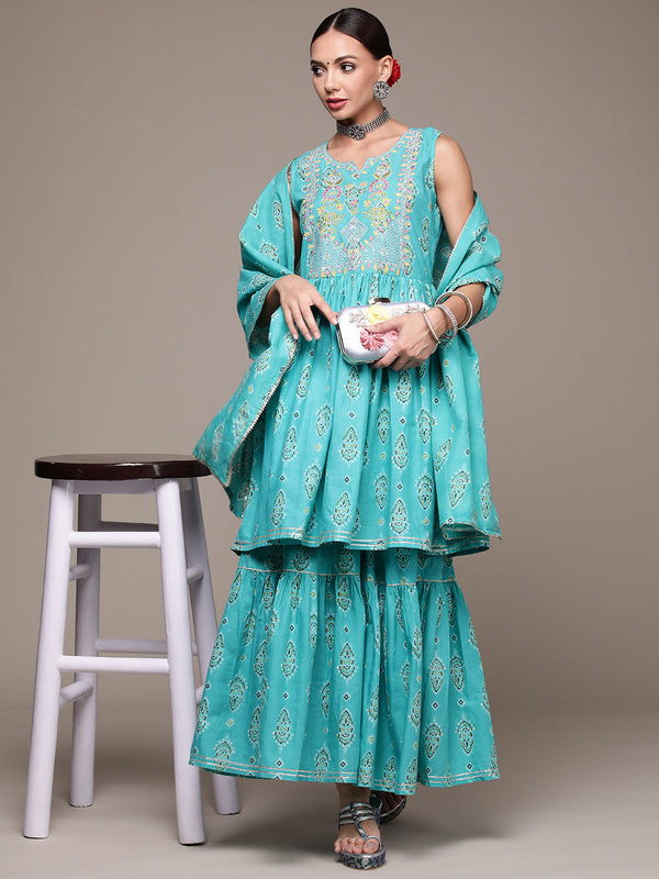 Women's Turquoise Blue Embroidered Printed Kurta Set With Sharara And Dupatta - Anubhutee