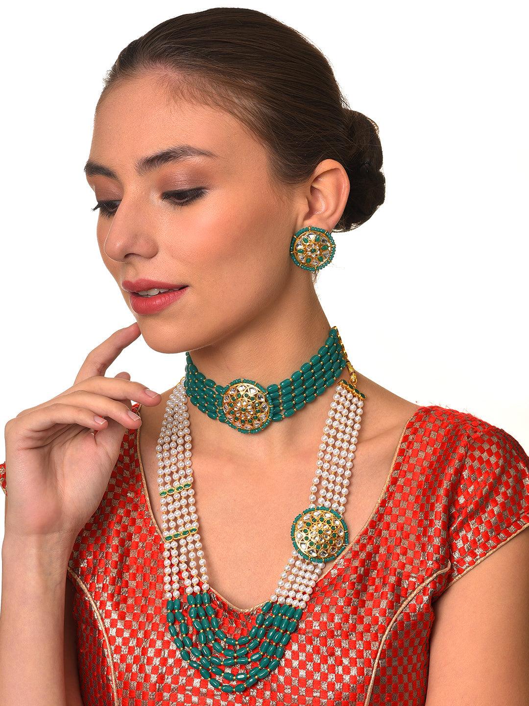 Women's Gold-Plated Green & White Combo Jewellery Set - Jazz And Sizzle - Indiakreations