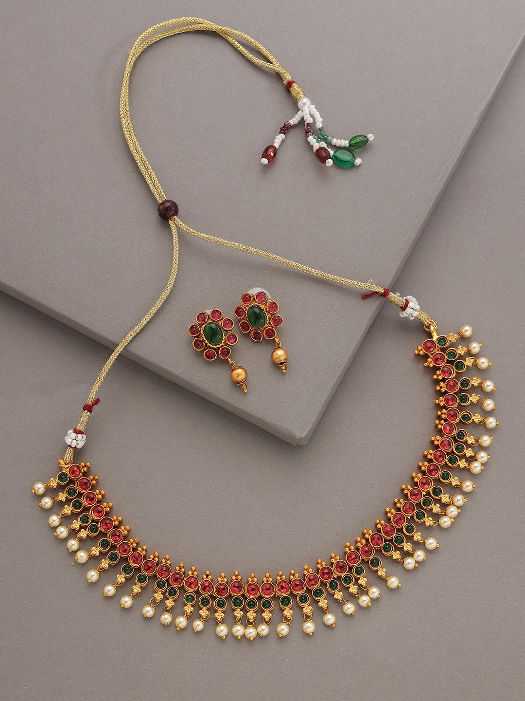 Women's Pink & Green Gold-Plated Stone-Studded & Beaded Handcrafted Jewellery Set - Jazz and Sizzle - Indiakreations