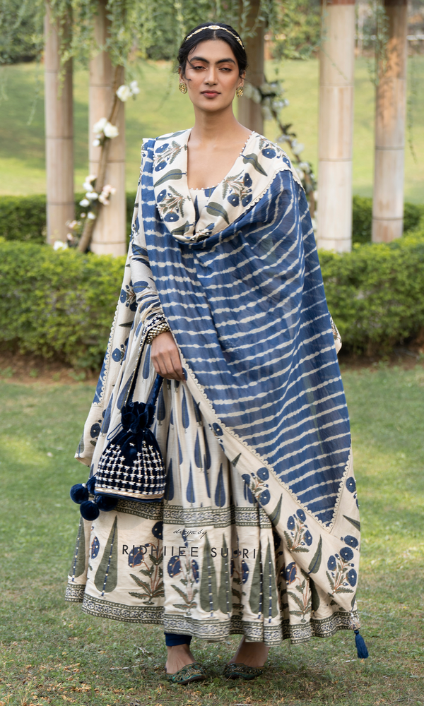 Bareen Mughals Leheriya With Block Print Dupatta - Royal Blue