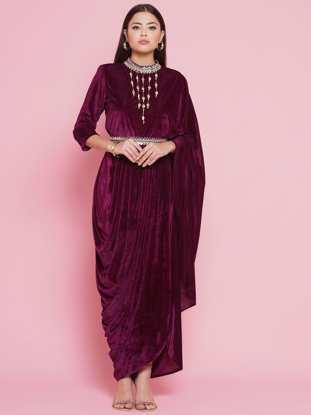 Women's Burgundy Velvet Kurta With Attached Neckalace,Belt And Pant - Women Republic - Indiakreations