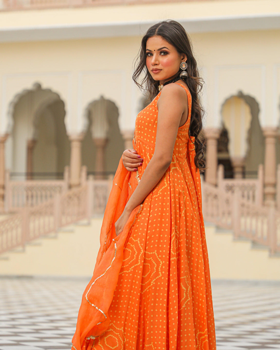 Women's Orange Bandhej Modal Anarkali Kurta Pant Dupatta Set - Baisacrafts - Indiakreations