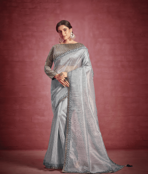 Beautiful Patterned Silk Organza Printed Saree In Grey - Indiakreations