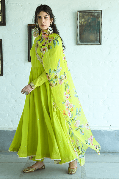 Bhanvara Neon Green Anarkali with printed palazzo and dupatta - Set of 3 - RTS - Indiakreations