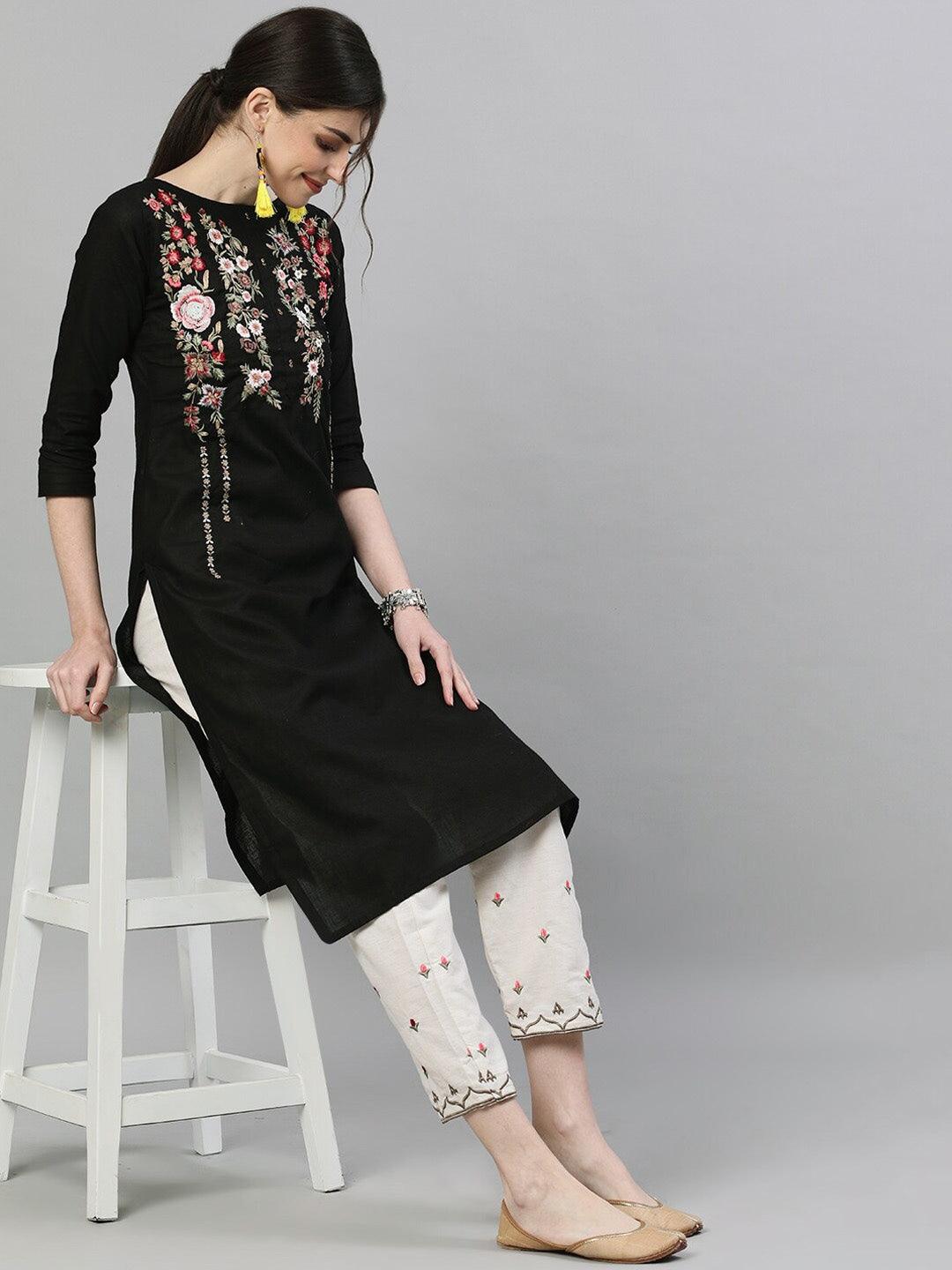 Women Black Cotton Kurta with Pant by Ishin (2pcs Set) - Indiakreations