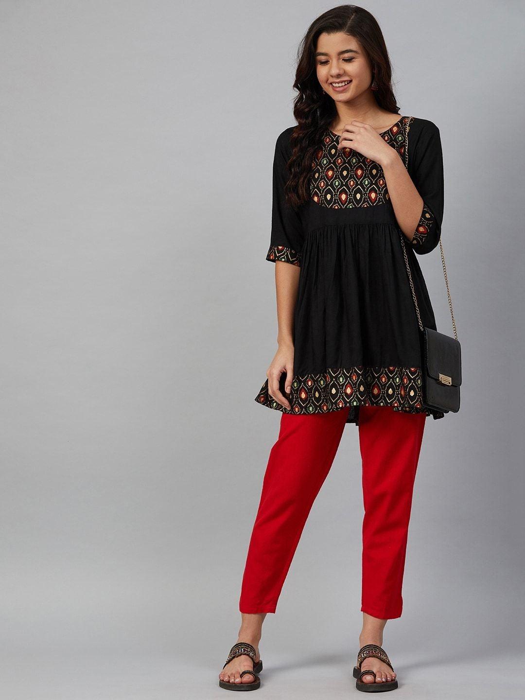 Women's Black & Golden Yoke Design A-Line Kurti - Meeranshi - Indiakreations