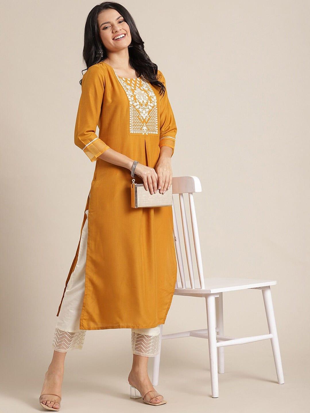 Mustard Yellow Yoke Design Kurti With Trousers - Indiakreations