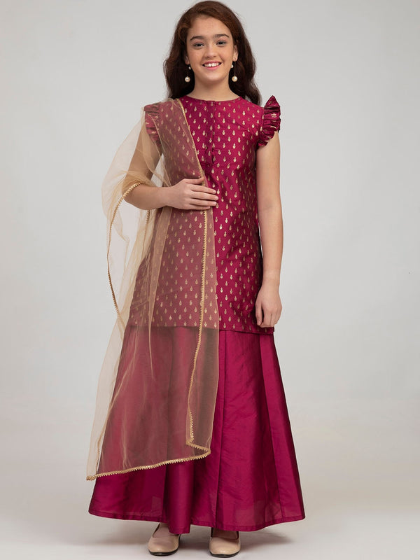 Girl's Burgundy Embroidered Kurta with Sharara & With Dupatta - NOZ2TOZ KIDS