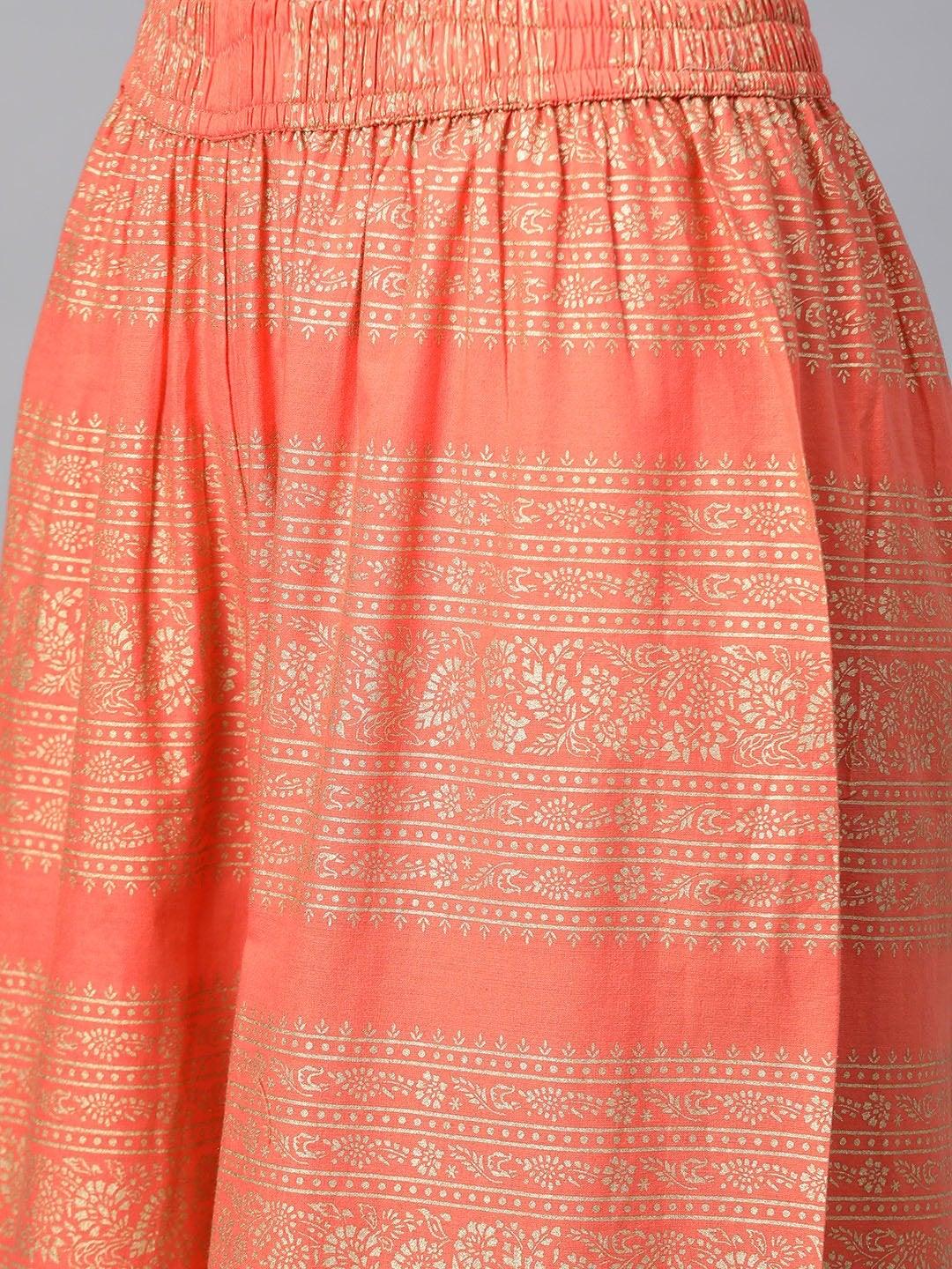 Women's Coral Orange & Golden Printed Pure Cotton Kurta with Palazzos - Meeranshi - Indiakreations