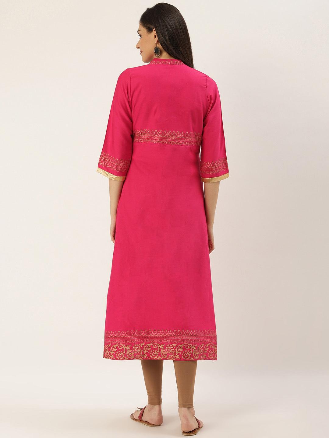 Women's Pink & Golden Printed A-Line Kurta - Noz2Toz - Indiakreations