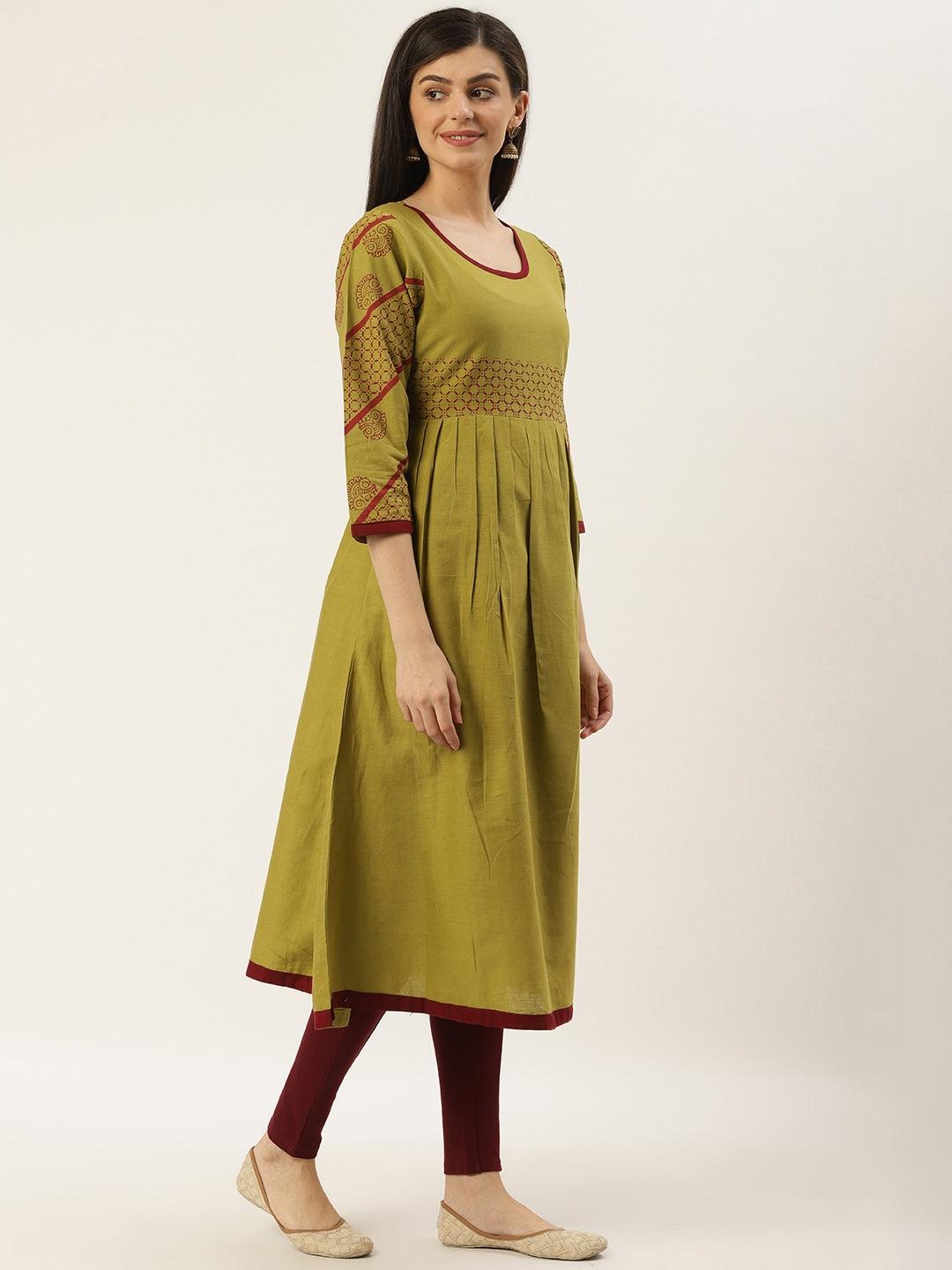 Women's Lime Green & Red Solid Pleated A-Line Kurta - NOZ2TOZ - Indiakreations