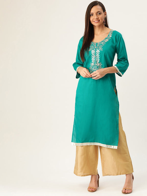 Women's Teal Green & Golden Yoke Design Straight Kurta - Wahe-Noor