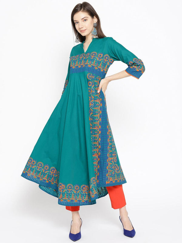 Women's Green Asymmetric Printed A-Line Kurta - Noz2Toz - Indiakreations