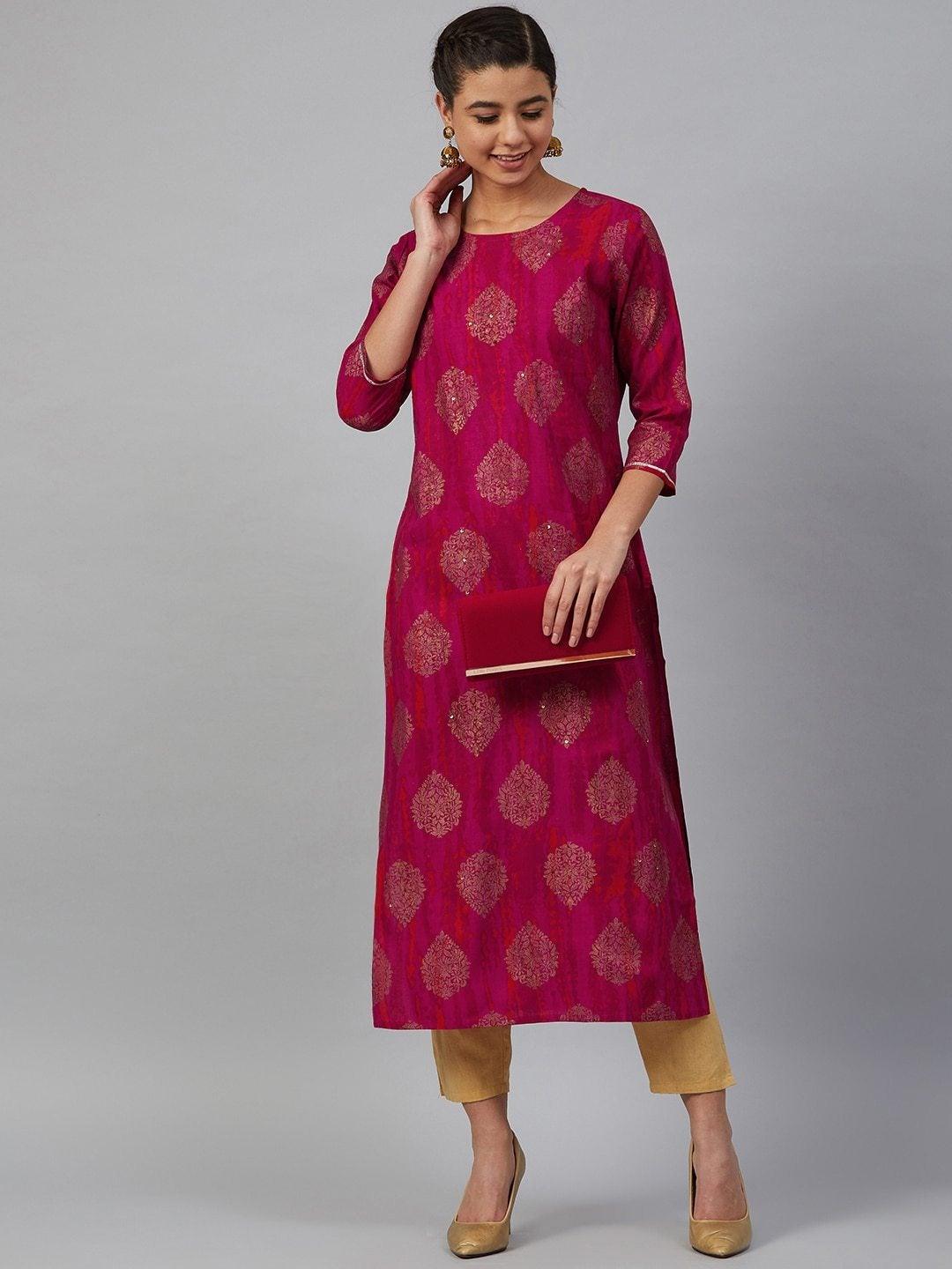 Women's Pink & Golden Printed Straight Dyed Kurta - Meeranshi - Indiakreations