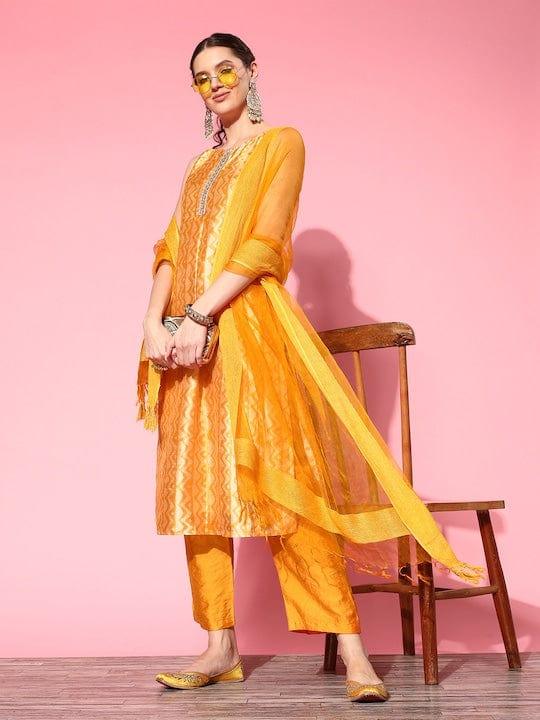 Varanga Women Yellow Printed Sequinned Kurta With Trousers & Dupatta - Indiakreations