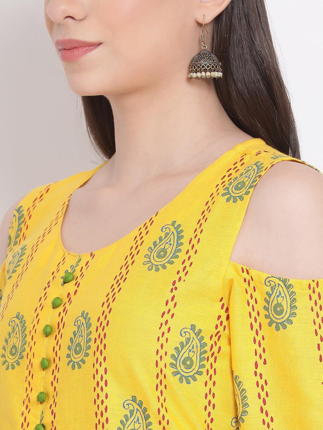 Women's Yellow Floral Embroidered Pleated Kurti With Sharara - Noz2Toz - Indiakreations