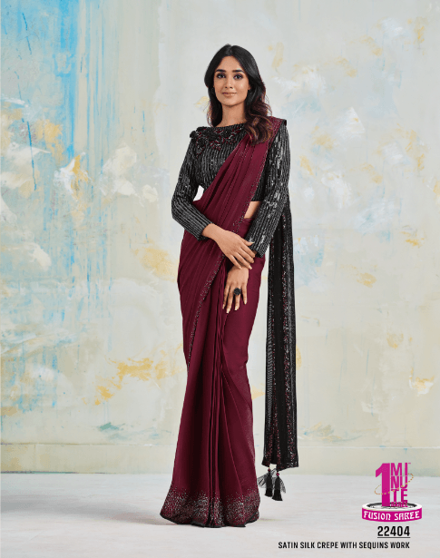 Party Look Wine Color Sequins Work Admirable Saree - Indiakreations