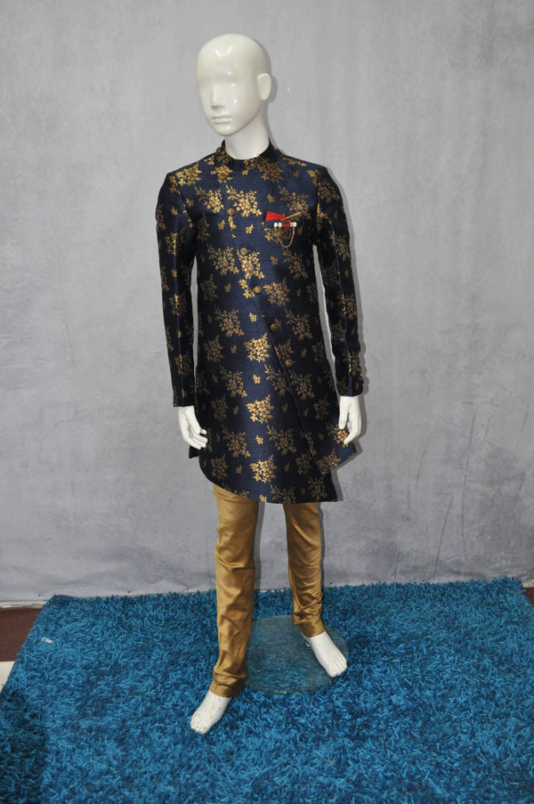 Solid Silk Blue Sherwani Set