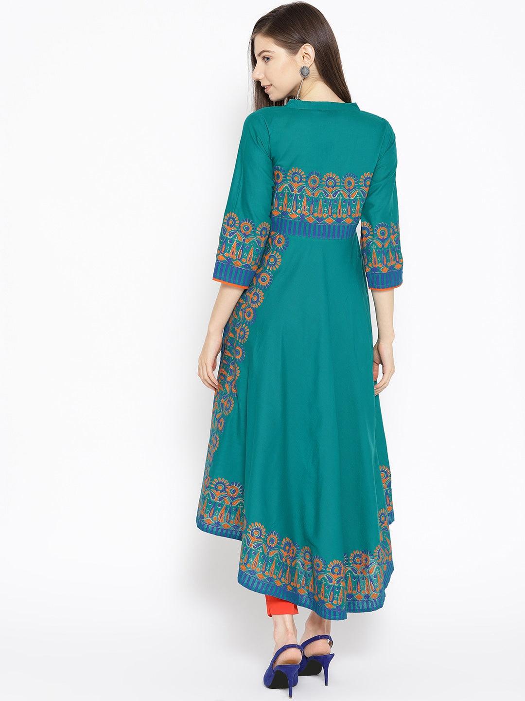 Women's Green Asymmetric Printed A-Line Kurta - Noz2Toz - Indiakreations