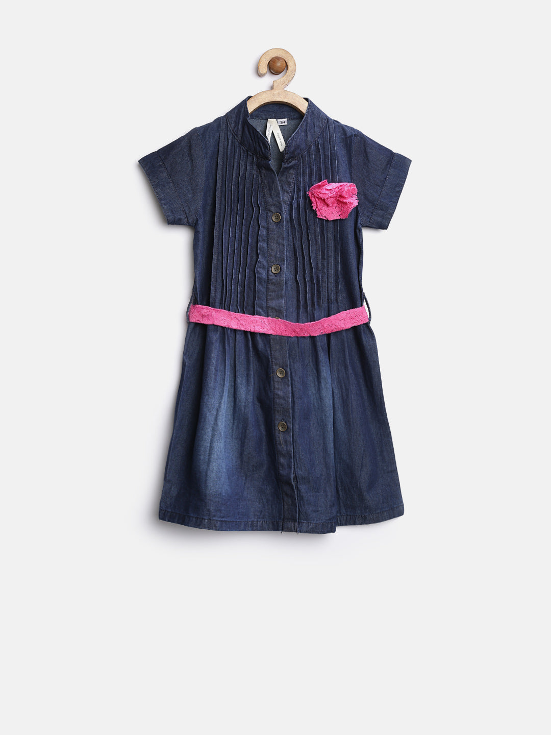 Girl's Denim Dress With Pink Belt And Brooch - Stylestone Kid