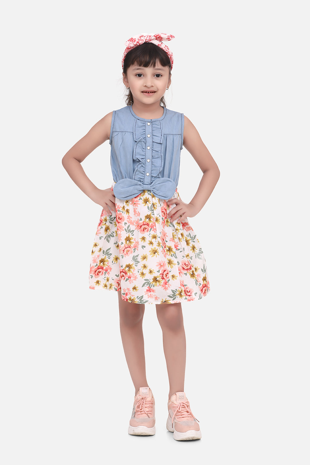 Girl's Denim Dress With Floral Skirt - Stylestone Kid