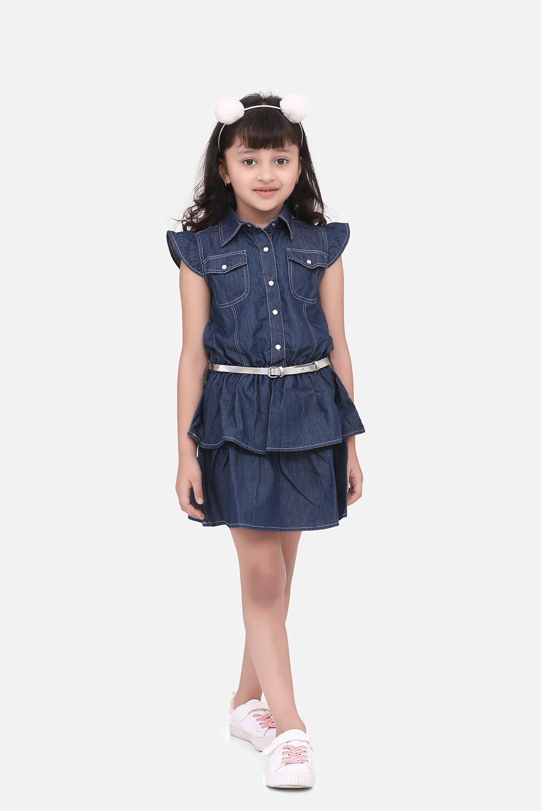 Girl's Denim Cinderella Dress With Belt - Stylestone Kid